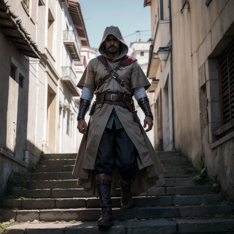 solo, Pancho Villa with a mustache wearing a Mexican revolutionary outfit, long_sleeves, full_body, weapon, male_focus, boots, outdoors, day, belt, sword, pants, hood, cape, black_footwear, sash, bird, shaded_face, building, sheath, hood_up, sheathed, stairs, vambraces, weapon_on_back 