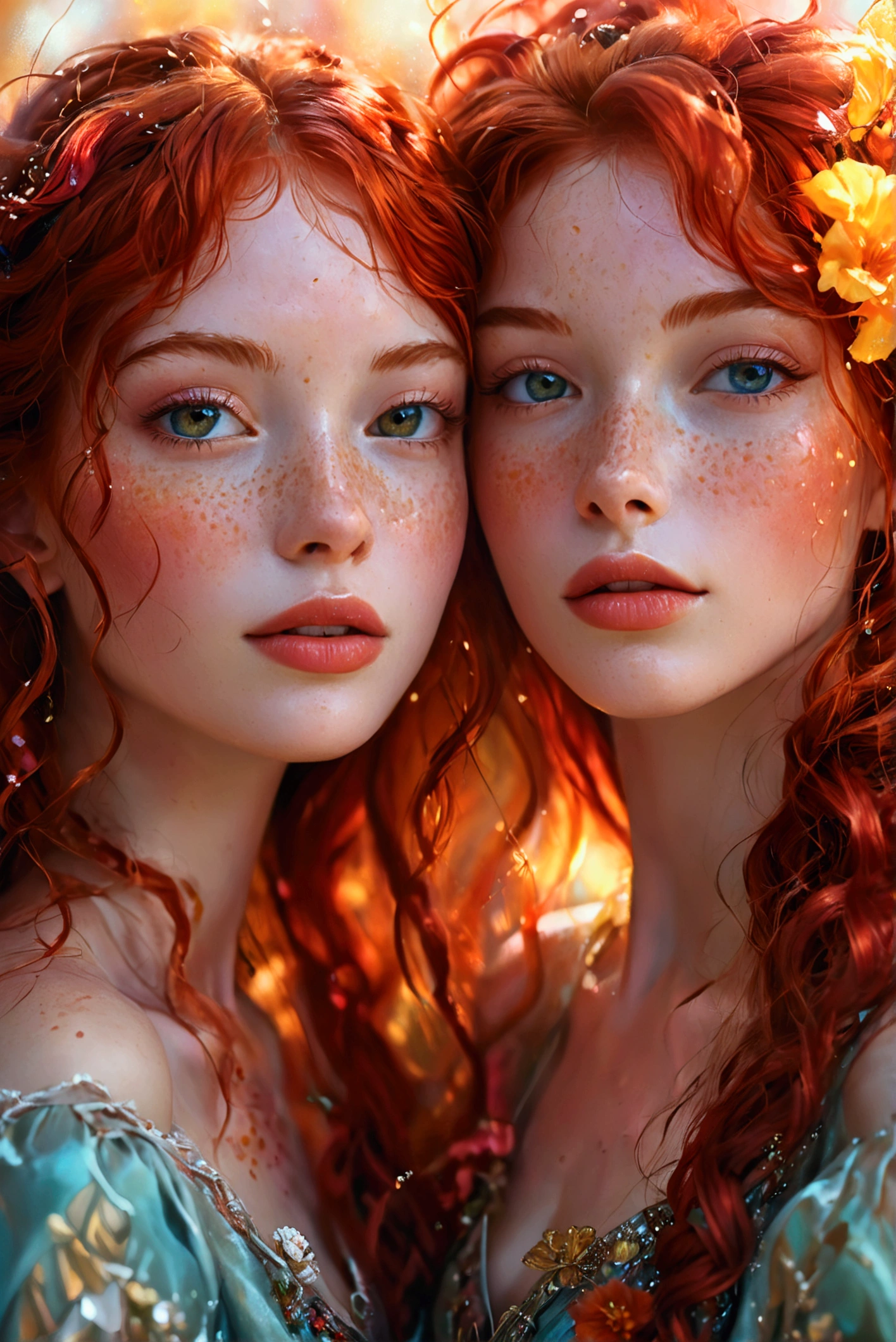 a detailed portrait of 2 joyful girls celebrating, glowing skin with vibrant, melting color palette, one with fiery red hair and freckles, the other with warm, rich brown skin, long eyelashes and full lips, both in vibrant, flowing dresses, surrounded by dreamlike, ethereal background of swirling, vibrant colors, masterfully rendered with high detail and realism, soft lighting, romantic, whimsical atmosphere