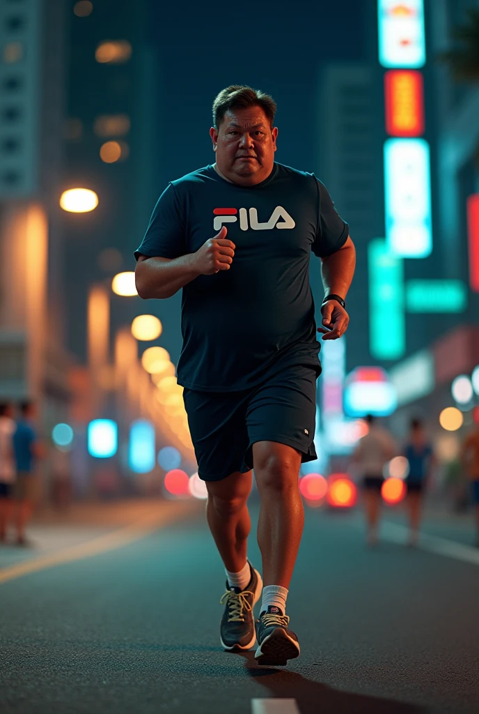 Generate an image of a 3 amateur athlete, a little overweight, wearing fila kr6 sneakers and running at night in Belo Horizonte