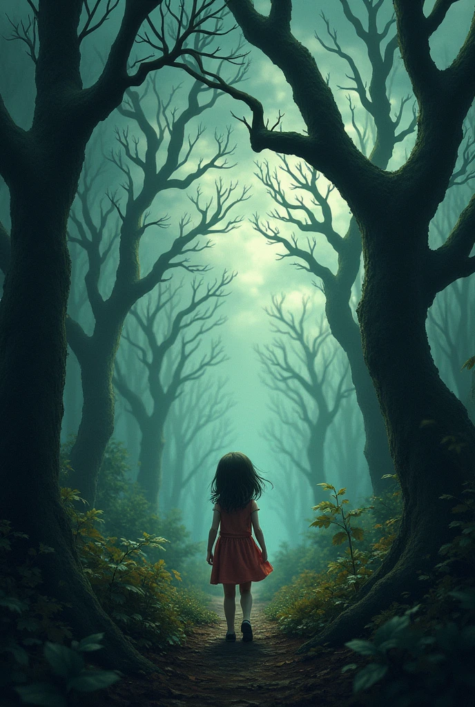 Girl in a forest that becomes gloomy and dark.