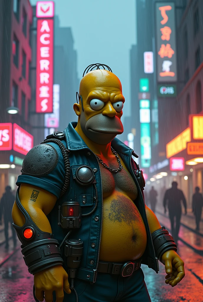 homer simpsons in cyberpunk 2077 style, photo realist. 