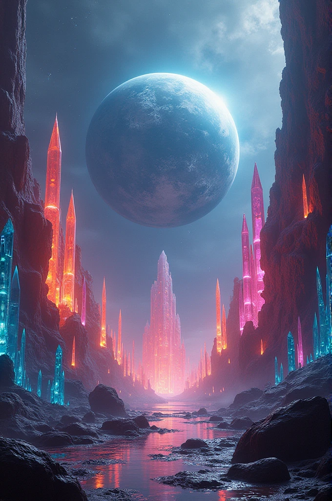 Planet surrounded by crystals