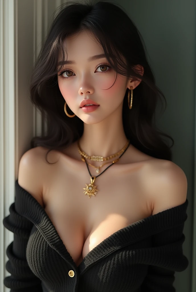1 girl in, edad19, Alone, by the wide, Colossal tits, looking at the viewer, black fur, bare shoulders, Brown eyes, joya, Whole body, a necklace, off the shoulders, Sweaters, realist, a sexy one