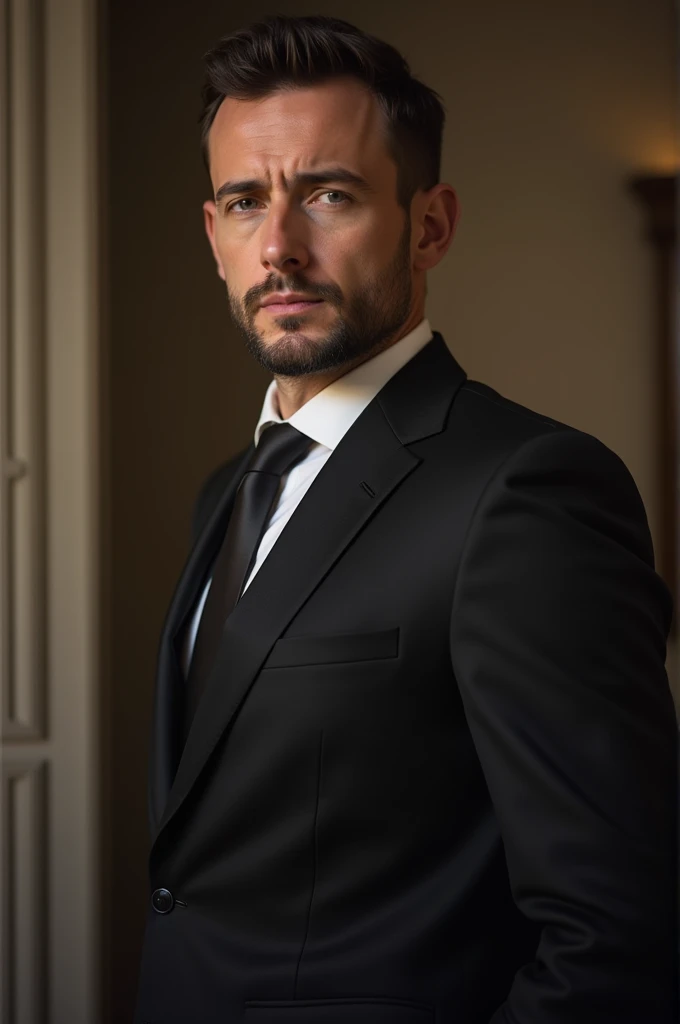 Man in a suit, Cała sylwetka, jedna ręka w kieszeni druga luźno opuszczona w dłoni trzyma pistolet, brunet