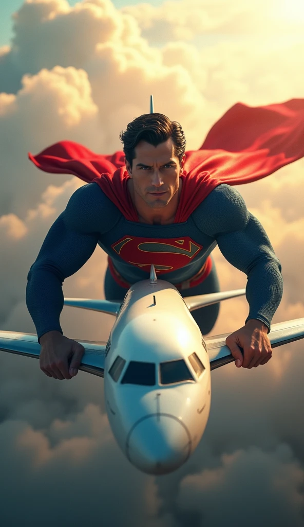 Superman flying forward, showing the face flying in the clouds, holding the plane with your hands, image ultra realistic, High definition, 8k