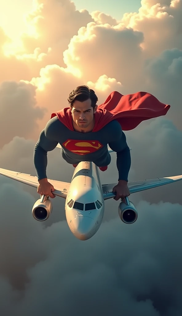 Superman flying forward, showing the face flying in the clouds, holding the plane with your hands, image ultra realistic, High definition, 8k