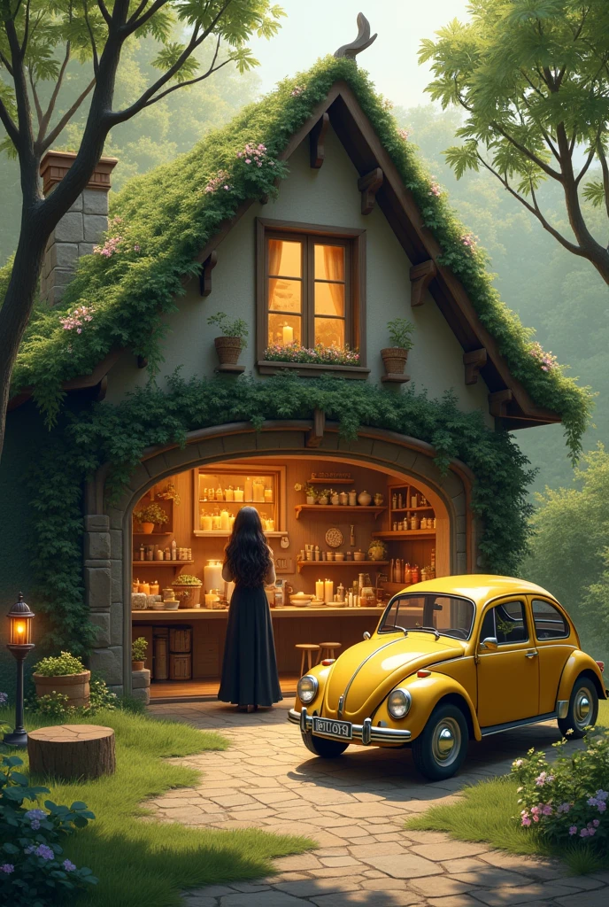 A house with a garage and a small golden car and green spaces, Big windows, a landscape, a woman with long wavy black hair, black dress creating candles in a candle workshop, magical, free and happy 