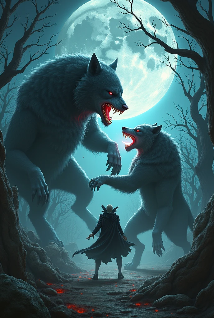 Giant wolves fighting a vampire
