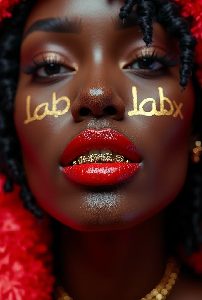 Woman's mouth with red lipstick, dark skin and gold grillz on her teeth, written " lab delaxx"