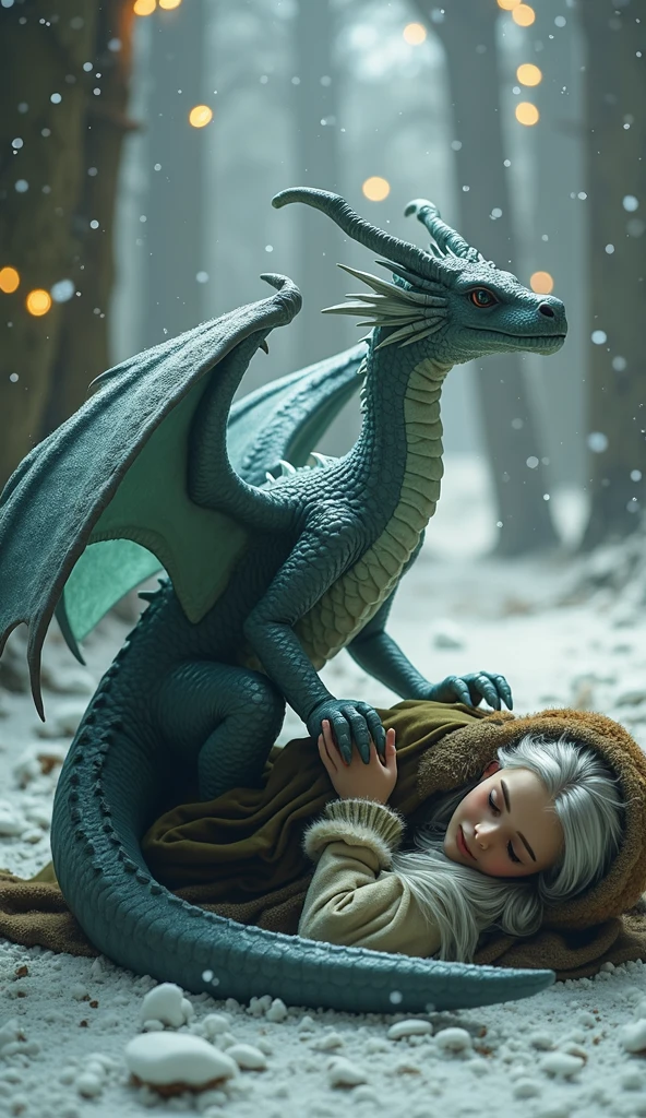 the dragon lies on the snowy ground, exhausted, her scales dimming to a faint glow. A young female elf with flowing silver hair, wearing warm winter clothing made of green and brown fabrics cradles the dragon in her arms, the elf expresses deep concern and love. Snowflakes fall around them, and the village lights glow warmly in the background.