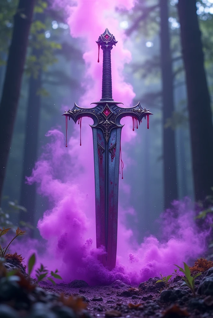 Please generate a poster sized Instagram post. It must have a dual sword in the middle with blood dripping from it. The rest of the poster must be covered with purple magic...like purple dust and make it bright... the background must be a forest