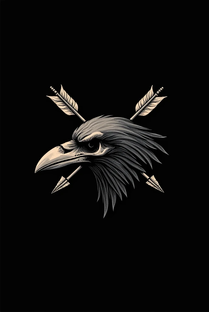 Old school raven skull logo in profile, with three arrows through, on a black background