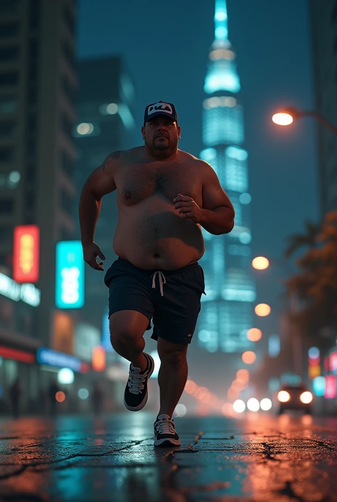 Generate an image of a 3 amateur athlete, a little overweight, wearing fila kr6 sneakers and running at night in Belo Horizonte