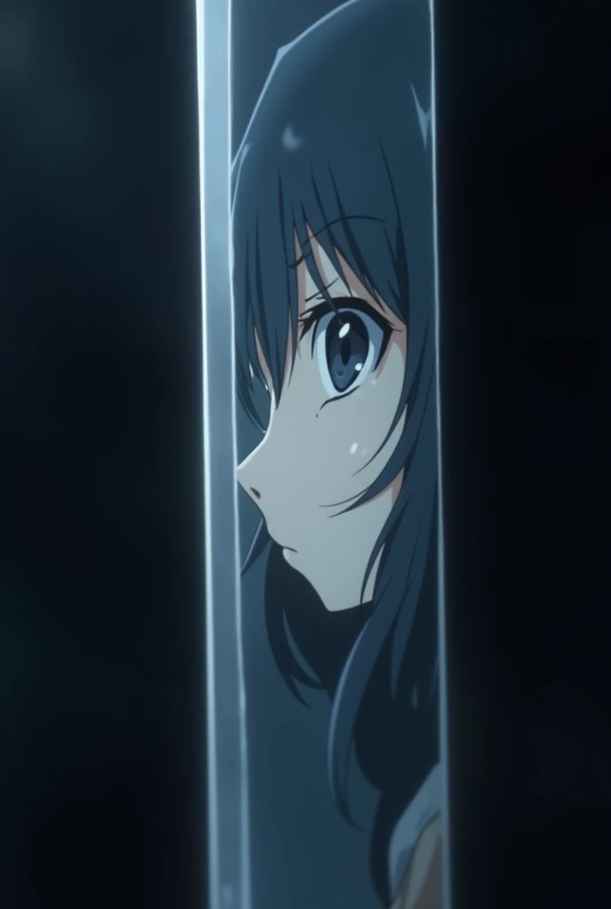 A close-up image of a sword blade, with its surface slightly dull yet reflective enough to capture a faint, ethereal reflection. The reflection shows a beautiful woman in anime style, her features delicate and serene. She has large, expressive eyes and long, flowing hair that frames her face gracefully. Her expression is calm and almost melancholic, as if lost in deep thought. The sword’s surface is not perfectly clear, giving the reflection a slightly blurred, dreamy quality. The background is dark, allowing the subtle reflection and the details of the woman’s face to stand out against the cold, metallic sheen of the blade. The focus is on the interplay between the sharpness of the sword and the soft, gentle beauty of the reflected woman.