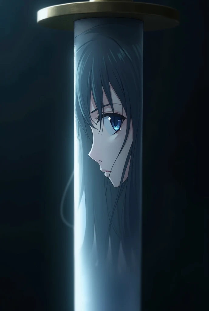 A close-up image of a sword blade, with its surface slightly dull yet reflective enough to capture a faint, ethereal reflection. The reflection shows a beautiful woman in anime style, her features delicate and serene. She has large, expressive eyes and long, flowing hair that frames her face gracefully. Her expression is calm and almost melancholic, as if lost in deep thought. The sword’s surface is not perfectly clear, giving the reflection a slightly blurred, dreamy quality. The background is dark, allowing the subtle reflection and the details of the woman’s face to stand out against the cold, metallic sheen of the blade. The focus is on the interplay between the sharpness of the sword and the soft, gentle beauty of the reflected woman.