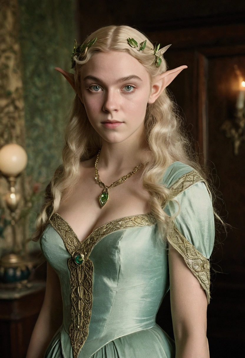1910s analog film photograph, colorized photo of an elven maiden, 18-years-old, amazonian stature, thick-fit hourglass figure, busty breasts, toned, athletic, wearing a maid's dress, warm almond complexion, pointy elf ears, platinum blonde hair, wild voluminous curls, resembles Margaery Tyrell, standing in a manor drawing room, RAW Photograph, dslr, soft lighting, high quality, film grain, Fujifilm XT3, detailed skin with visible pores, insane details, masterpiece, 8k, 35mm photograph, faded film, desaturated, grainy, vintage, Lomography, stained, highly detailed, found footage, long elven ears
