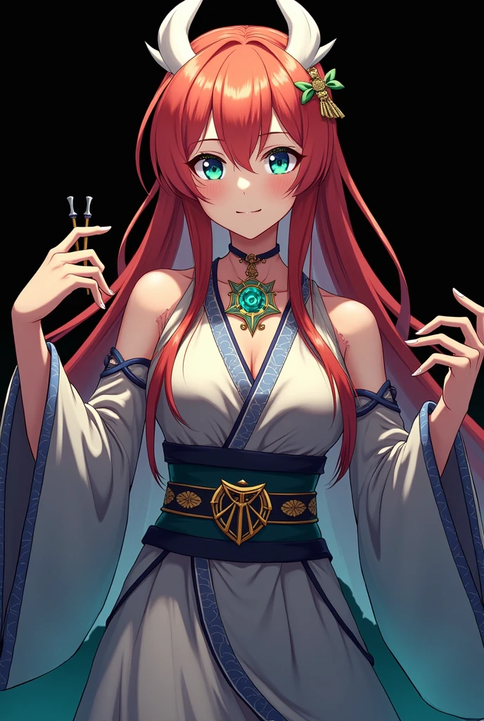 A full body image of an girl, personagem do anime "Demon Slayer", with long, straight, fire-colored hair with two white streaks highlighted in the front, framing your face. She has blue-green eyes and pale skin.. she is a Wiccan, she is in fighting pose. She wears a pentagram necklace and beautiful feminine Japanese clothes, she holds a nail hammer and small nails. Designed by Koyoharu Goutoge. black backdrop.
