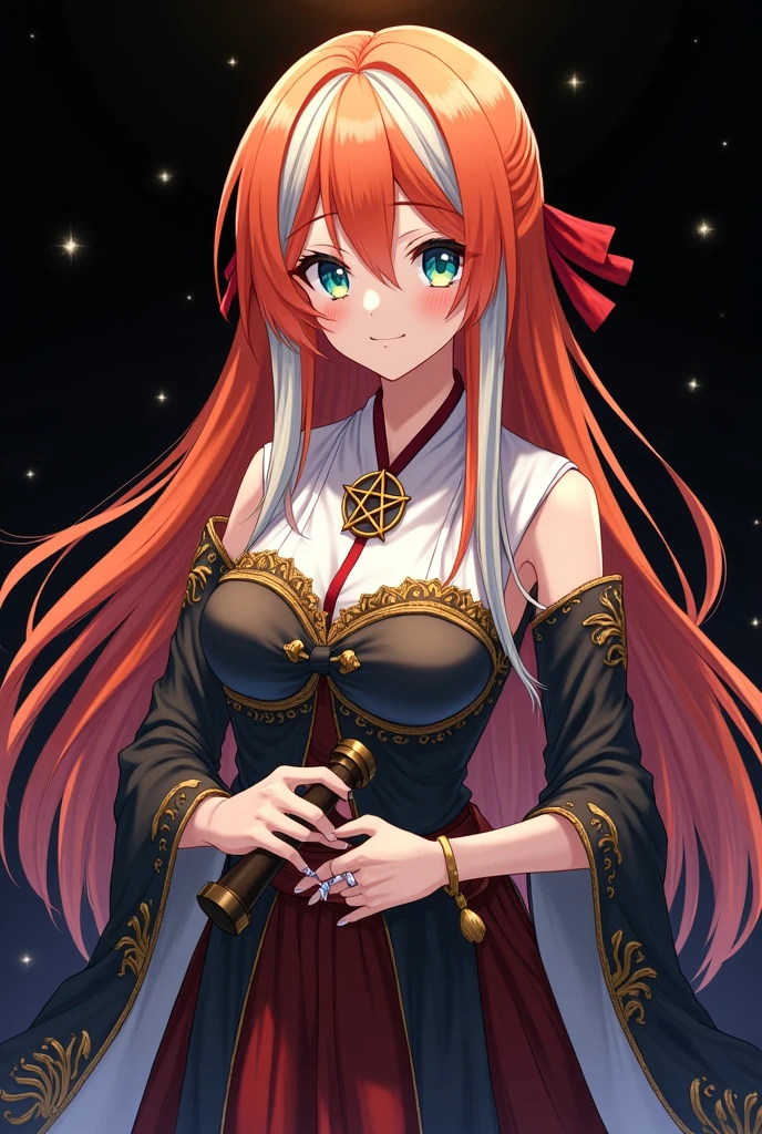 A full body image of an  girl, personagem do anime "Demon Slayer", with long, straight, fire-colored hair with two white streaks highlighted in the front, framing your face. She has blue-green eyes and pale skin.. she is a Wiccan, she is in fighting pose. She wears a pentagram necklace and beautiful feminine Japanese clothes, she holds a nail hammer and small nails. Designed by Koyoharu Goutoge. black backdrop.