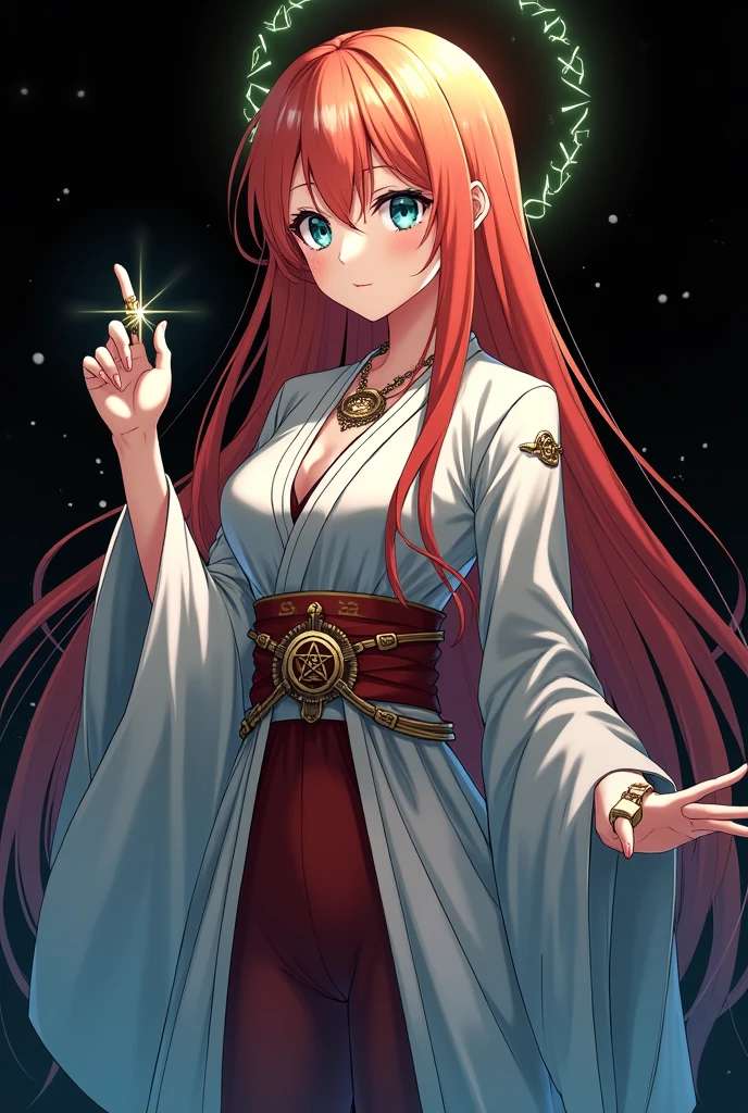 A full body image of an girl, personagem do anime "Demon Slayer", with long, straight, fire-colored hair with two white streaks highlighted in the front, framing your face. She has blue-green eyes and pale skin.. she is a Wiccan, she is in fighting pose. She wears a pentagram necklace and beautiful feminine Japanese clothes, she holds a nail hammer and small nails. Designed by Koyoharu Goutoge. black backdrop.