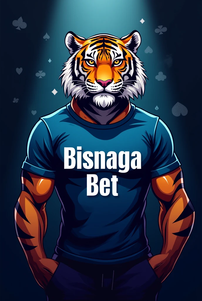 Create an image Design a casino house logo. The logo should feature a fierce tiger in the spotlight, with a stylized and attractive design. The tiger is wearing a blue shirt with the name &#39;Bisnaga Bet&#39; written on the front in white letters. The tiger must look powerful and imposing, but also friendly and welcoming, suitable for a casino brand. The background should be simple, perhaps with elements of playing cards or casino chips, to reinforce the theme."