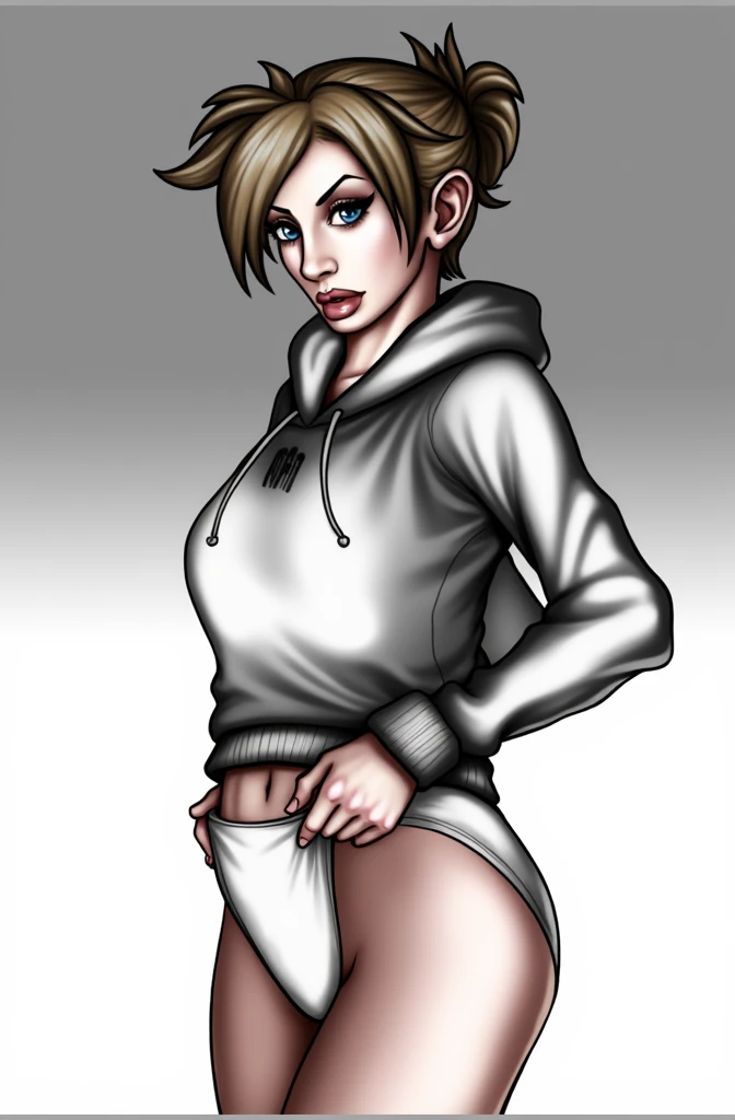 (masterpiece, best quality)), ((((perfect anatomy)))), Caucasian woman with tied blonde hair-bun, dark eye-shadow, , vibrant blue eyes, grey hoodie, tugging at (((white high cut cotton panties))), big hips, embarrassed expression, walking around barracks, (((realistic art style)))