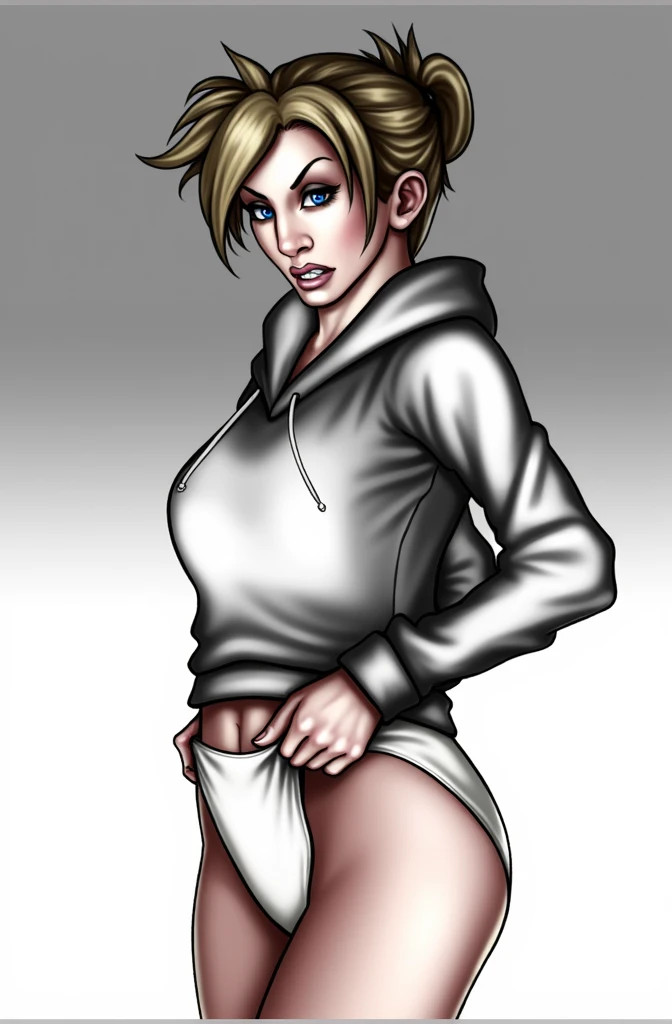 (masterpiece, best quality)), ((((perfect anatomy)))), Caucasian woman with tied blonde hair-bun, dark eye-shadow, , vibrant blue eyes, grey hoodie, tugging at (((white high cut cotton panties))), big hips, embarrassed expression, walking around barracks, (((realistic art style)))