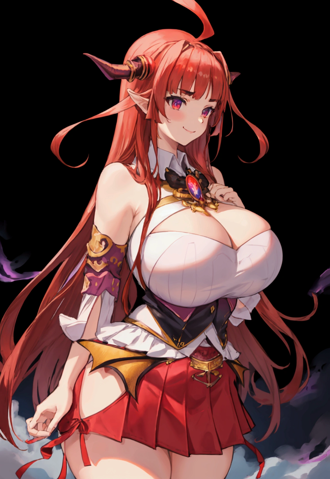 looks straight, feet shoulder width apart, hands on the sides, happy face, turned to face, red mini skirt, White shirt, black unbuttoned blazer, thick thighs, Incredibly huge breasts, tight clothes, purple dragon tail