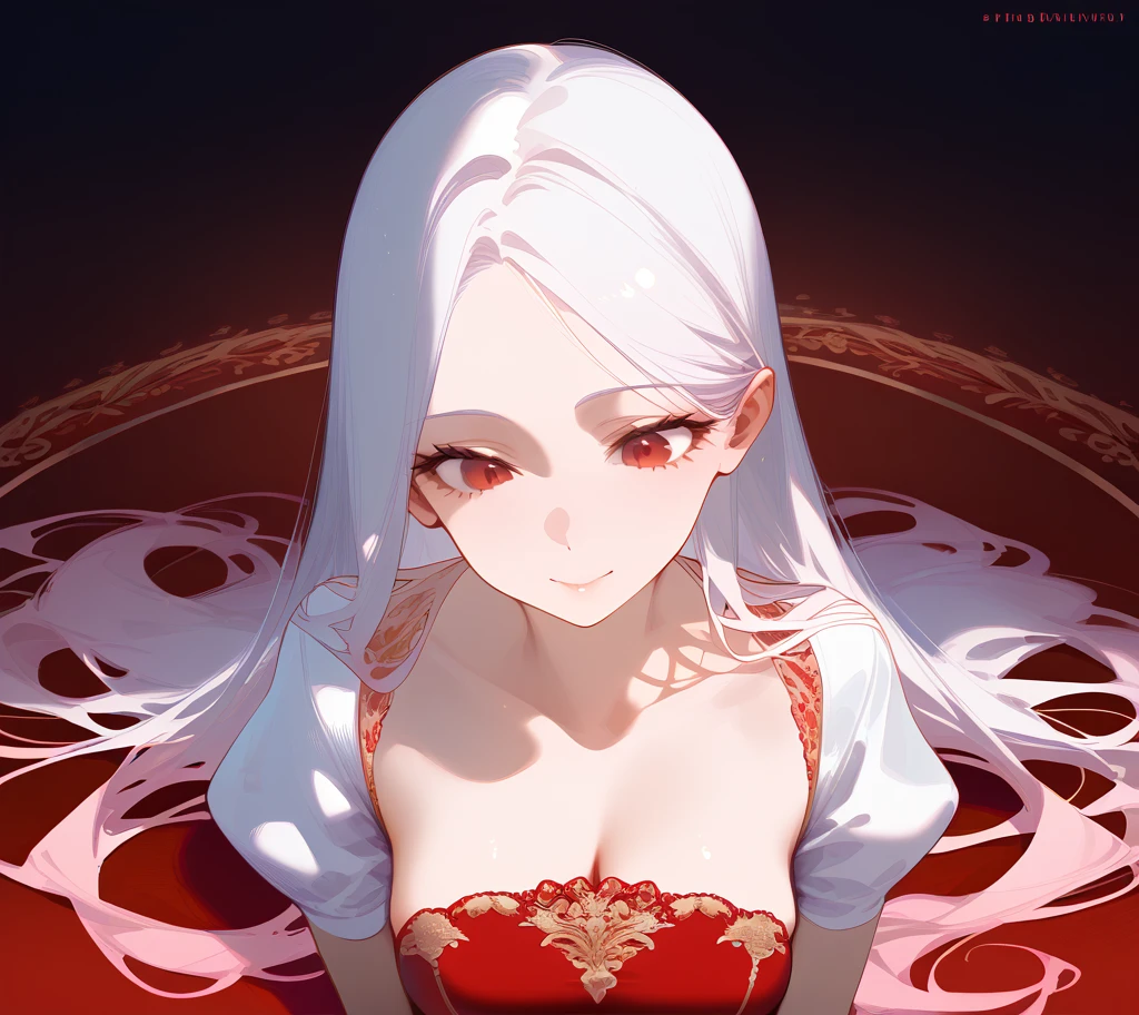masterpiece, best quality, an extremely delicate and beautiful girl,an extremely delicate and beautiful, world masterpiece theater, ultra-detailed, highly detailed, best quality, white hair, highres, extremely detailed, 1 girl, best quality, illustration, looking at viewer, impasto, canvas, oil painting, realistic, realist ,real, Crimson eyes, with a swastika mark in the pupil, Close-up of a young woman sitting on a stone throne surrounded by a blood-red mist, Queen of human, human queen, Anime Girl, Goddess of the world, 144cm tall and holds a golden scepter, Beautiful Queen, Queen of the world, wonder Girl, witch, Queen of Darkness, blood mist Goddess, Beautiful girl, hd image, Beautiful sparkling eyes, deep sea eyes, Goddess of Death | medieval, Blood mist, medieval, Ymir possesses an ethereal beauty, with her flowing white hair and captivating ruby eyes that sparkle like precious gemstones. Her frame exudes a delicate grace, reminiscent of a fairy from a timeless tale. Her porcelain skin, as smooth as a peach blossom, enhances her pure and innocent allure, evoking the image of pristine snowflakes, captivating and enchanting. Her beauty transcends her physical appearance, radiating a gentle warmth and kindness that touches the hearts of those around her, Wear discreet clothes, Cool, elegant, aristocratic, red poppy
