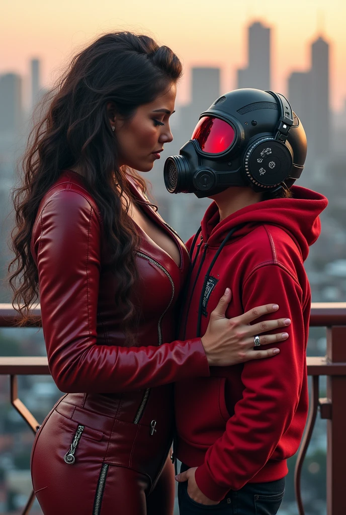 Taylor Swift, realistic, big breasts, full body & Youg boy with red hoodie, headphones, Star-lord helmet, rocket boots, gas helmet, covered mouth, round red, eyes, front cover, kiss on the mouth, kiss on the breasts, Covered face.