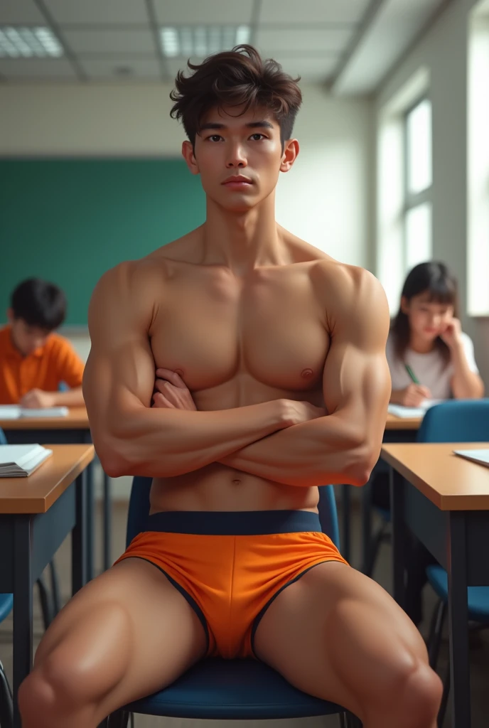 Generates a muscular teenager in the middle of a class sitting in boxers