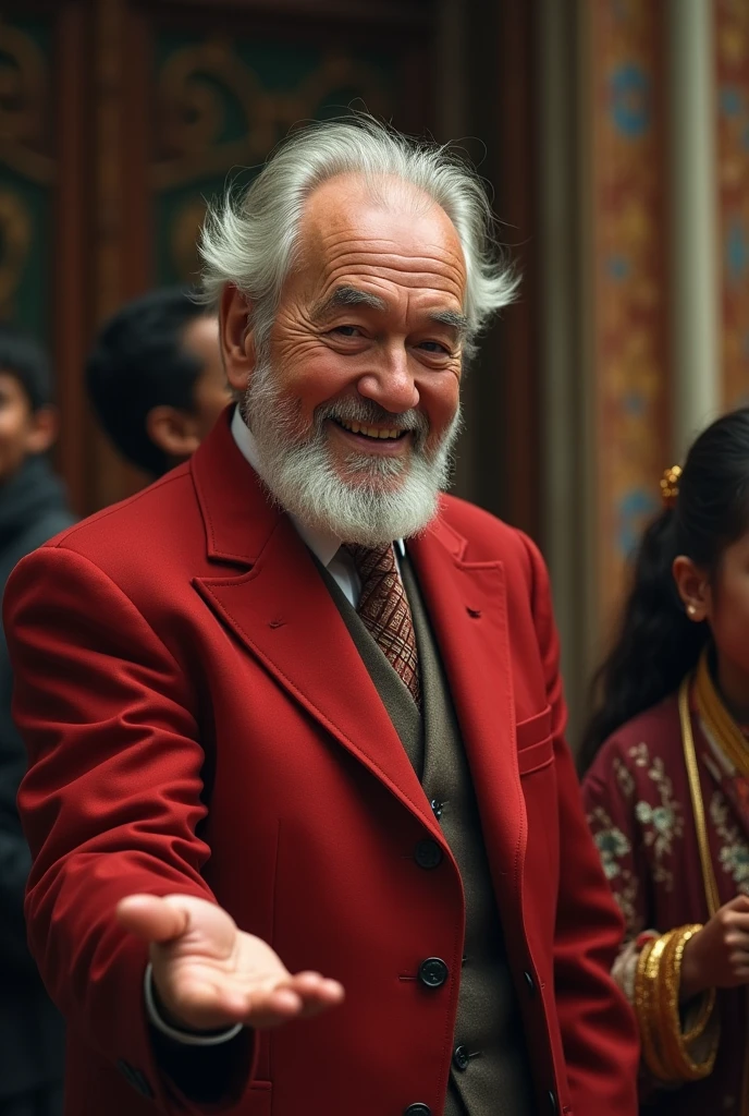 a portrait of an old man with short white hair and a short white beard wearing a red suit smiling and throwing bread crumbs on the ground, with poor children crouching down and picking up the bread crumbs on the ground, beautiful detailed eyes, beautiful detailed lips, extremely detailed eyes and face, long eyelashes, ornate background, highly detailed, photorealistic, dramatic lighting, rich colors, cinematic composition