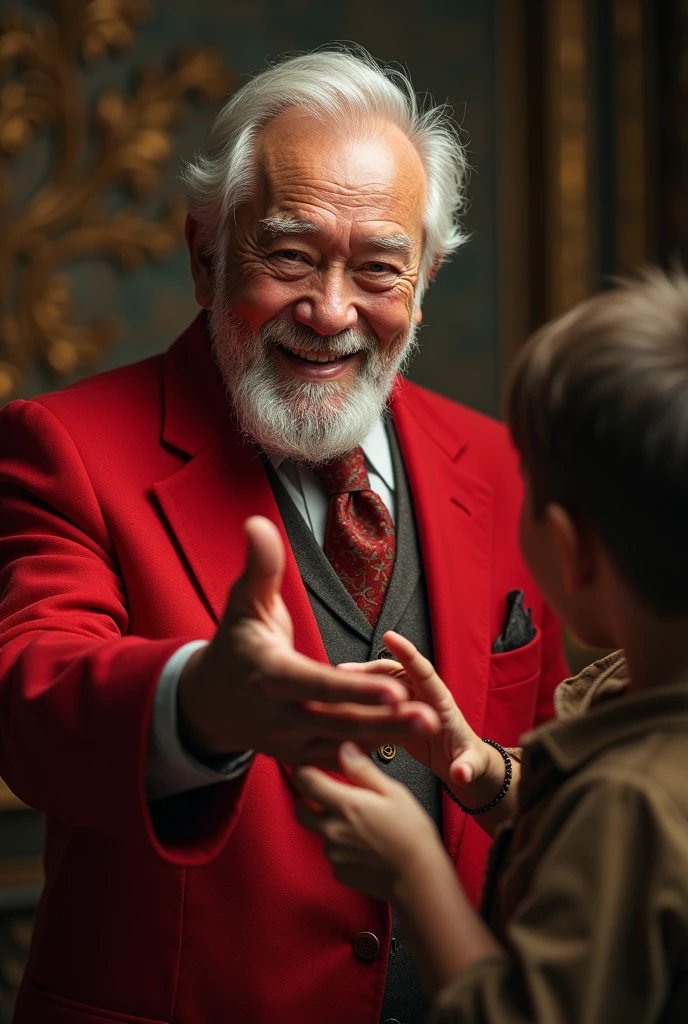 a portrait of an old man with short white hair and a short white beard wearing a red suit smiling and throwing bread crumbs on the ground, with poor children crouching down and picking up the bread crumbs on the ground, beautiful detailed eyes, beautiful detailed lips, extremely detailed eyes and face, long eyelashes, ornate background, highly detailed, photorealistic, dramatic lighting, rich colors, cinematic composition