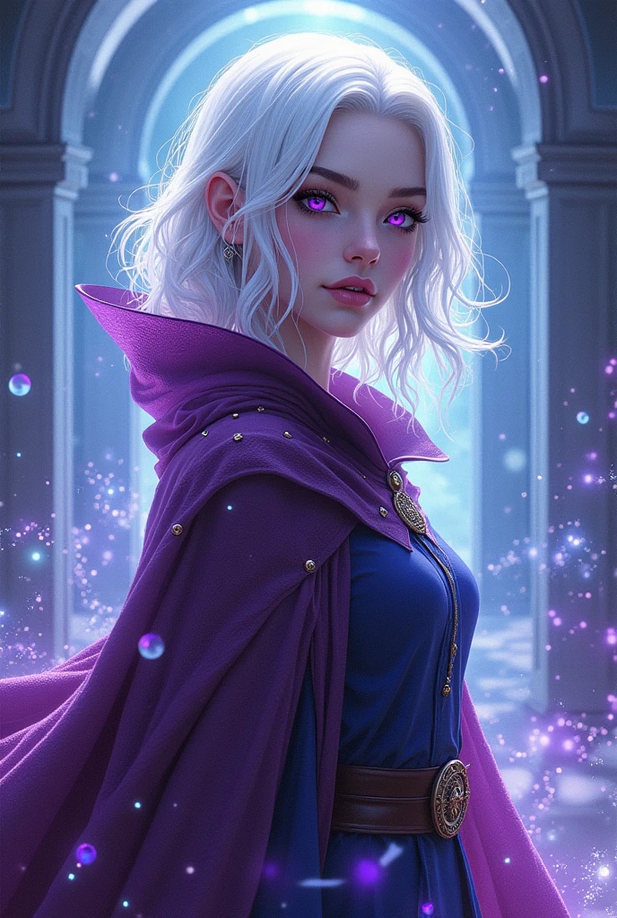 Make me a girl with white hair and purple eyes with doctor stange