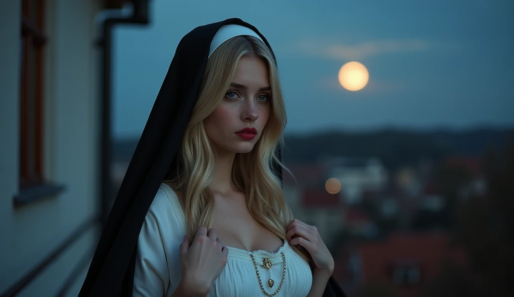 Beautiful blonde girl with Nordic features, upturned nose, blue eyes, full lips with red lipstick, makeup, big breasts boobs, nun dress white sexy lifting up her dress, doggy fuck balcony, church with a balcony showing the full moon at night, orgy