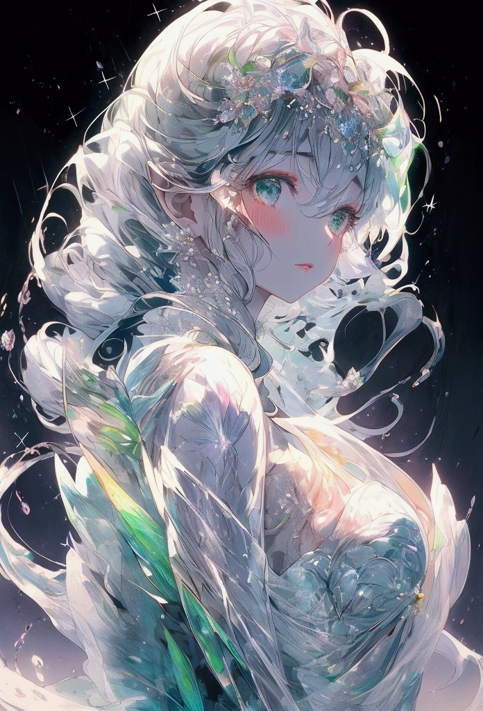 beautiful、Ephemeral、Silver Marble Skin、hope、Highest quality、clear、bright、cute、Loose、、mature、Very delicate、masterpiece、Dynamic Cloud、Mysterious and fantastic landscapes、Magical atmosphere、green、black、White clothes