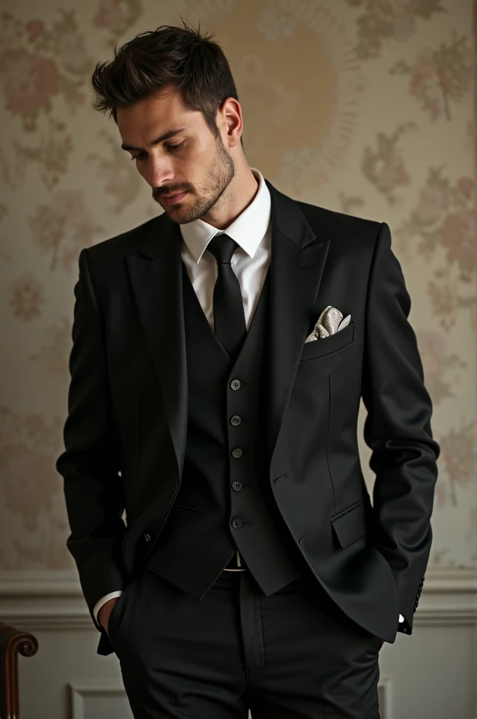 Man in a suit, Cała sylwetka, one hand in the pocket the other loosely hanging down , brunet