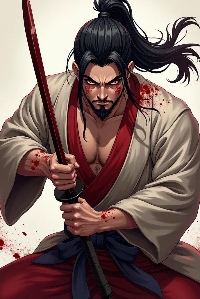 You could generate me a man without a beard, that is wearing a kimono, holding a knife and you can see that he has blood stains on his face and clothes. Let it be anime style with a killer pose and a ponytail in her hair
