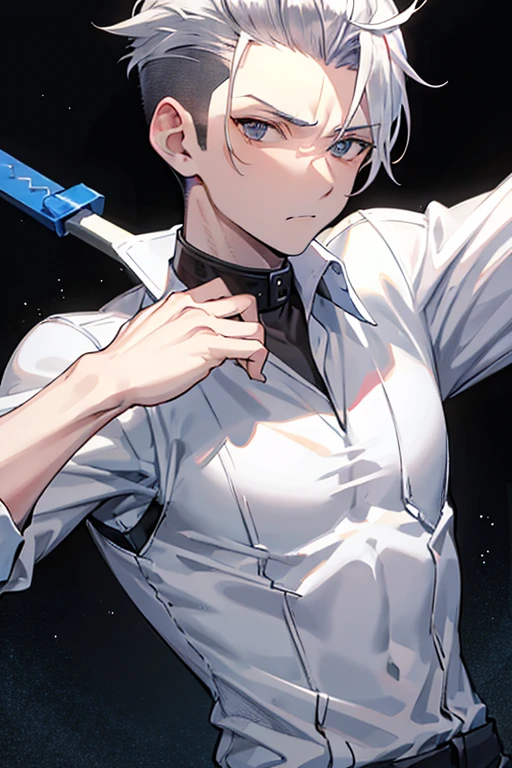 Adult male man with longish silver hair with shaved sides with deep, serious black eyes looking at viewer slim and medium muscled