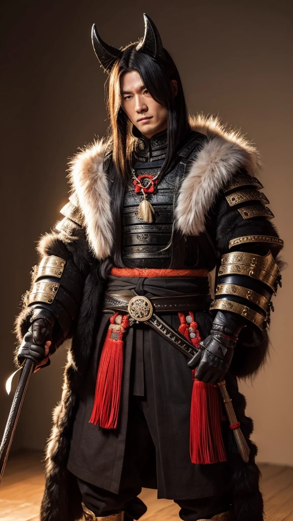 man in samurai armor with fur around the neck and waist, Wearing a devil's helmet, Dusty ornaments, Tired of fighting, Man Warrior, armor, amazing, Facial blemishes, DND Character Portrait, Complex, 8k resolution, Dynamic Lighting, Ultra-detailed, Unreal 5, Volumetric lighting, Alphonse Mucha, Pre-Raphaelites, Detailed Background, Mandala, Detailed face, Detailed eyes, neon eyes