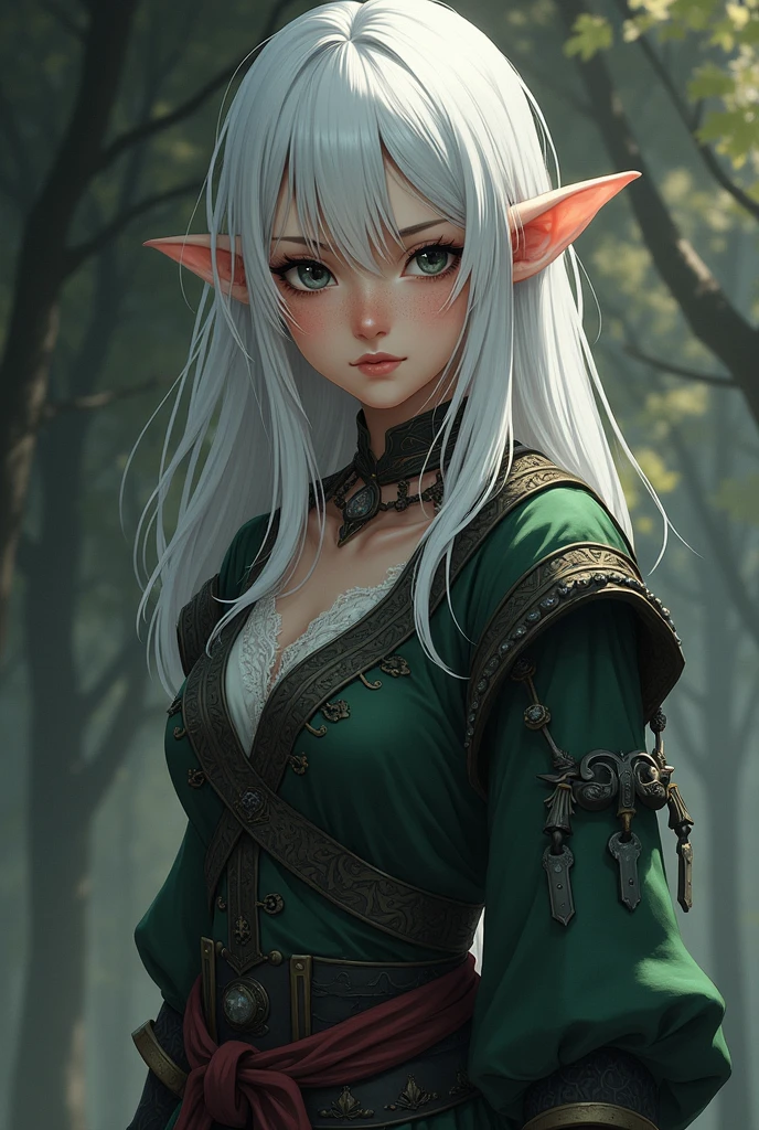 Fantasy Character, mature elf woman, with a frightening expression, with shoulder length white hair and dark black eyes. fair skin with freckles. scar on left eye. Medieval era anime style. In swordsman&#39;s clothes
