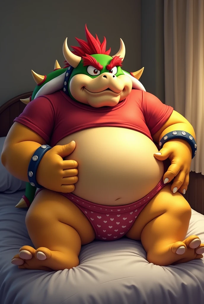 Bowser from Super Mario, Extremely obese, chubby, embarrassed, huge round belly, big moobs, heart underpants, red tight short sleeves t-shirt, laying on a bed, one hand on the belly