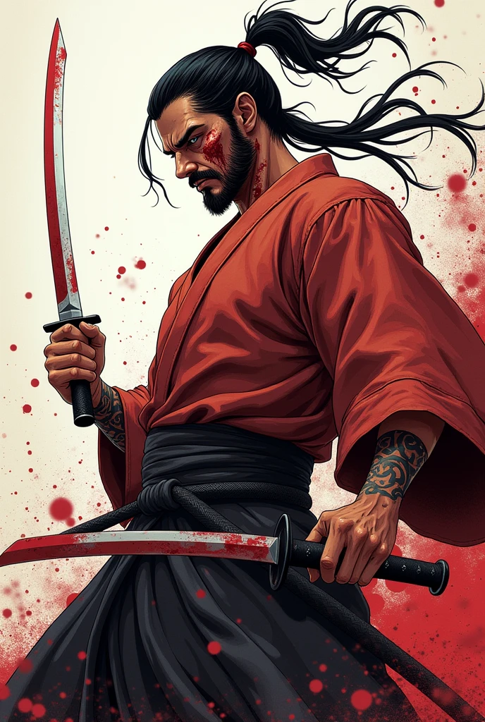 You could generate me a man without a beard, that is wearing a kimono, holding a knife and you can see that he has blood stains on his face and clothes. Let it be anime style with a killer pose and a ponytail in her hair