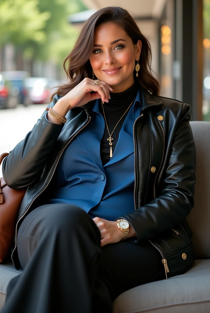Full body beautiful white curvy pear body shape british woman, 5'10" tall, medium brown hair, deep green eyes, wearing zip up black collared bomber leather jacket with golden buttons, black bell bottom pants, rolled up sleeves, zipping up jacket, up collar, cleavage, open blue formal blouse, black turttleneck collar shirt under blouse, happy smile, laying on sofa on shopping center, high hill sandals, summer sunny day, bag, braces, watch and bracelet, neck chain, ear rings, crossing legs, hand under chin