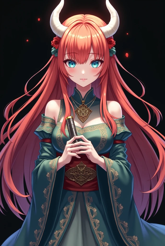 A full body image of an  girl, personagem do anime "Demon Slayer", with long, straight, fire-colored hair with two white streaks highlighted in the front, framing your face. She has blue-green eyes and pale skin.. she is a Wiccan, she is in fighting pose. She wears a pentagram necklace and beautiful feminine Japanese clothes, she holds a nail hammer and small nails. Designed by Koyoharu Goutoge. black backdrop.