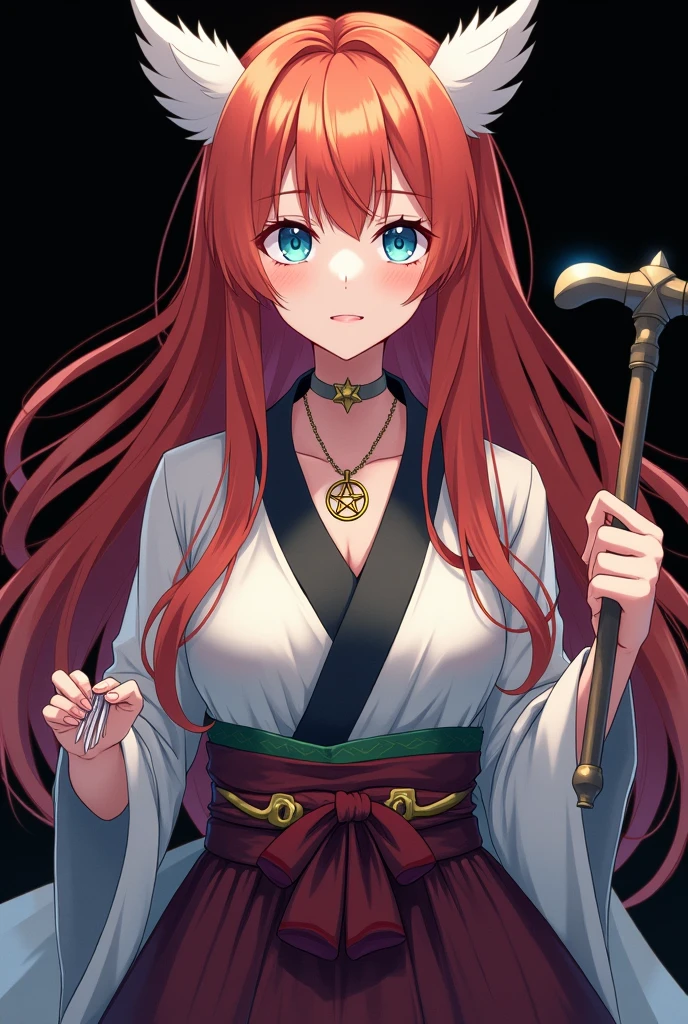 A full body image of an girl, personagem do anime "Demon Slayer", with long, straight, fire-colored hair with two white streaks highlighted in the front, framing your face. She has blue-green eyes and pale skin.. she is a Wiccan, she is in fighting pose. She wears a pentagram necklace and beautiful feminine Japanese clothes, she holds a nail hammer and small nails. Designed by Koyoharu Goutoge. black backdrop.