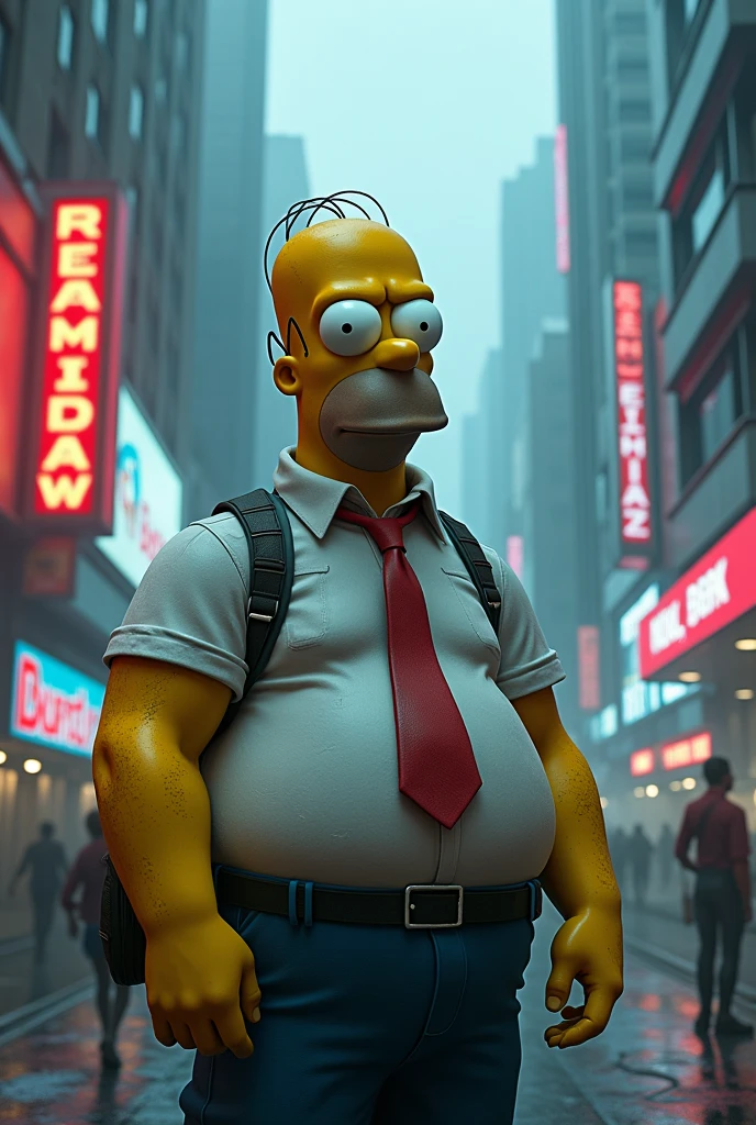 homer simpsons in cyberpunk 2077 style, realistic photo. as a human being. close to reality