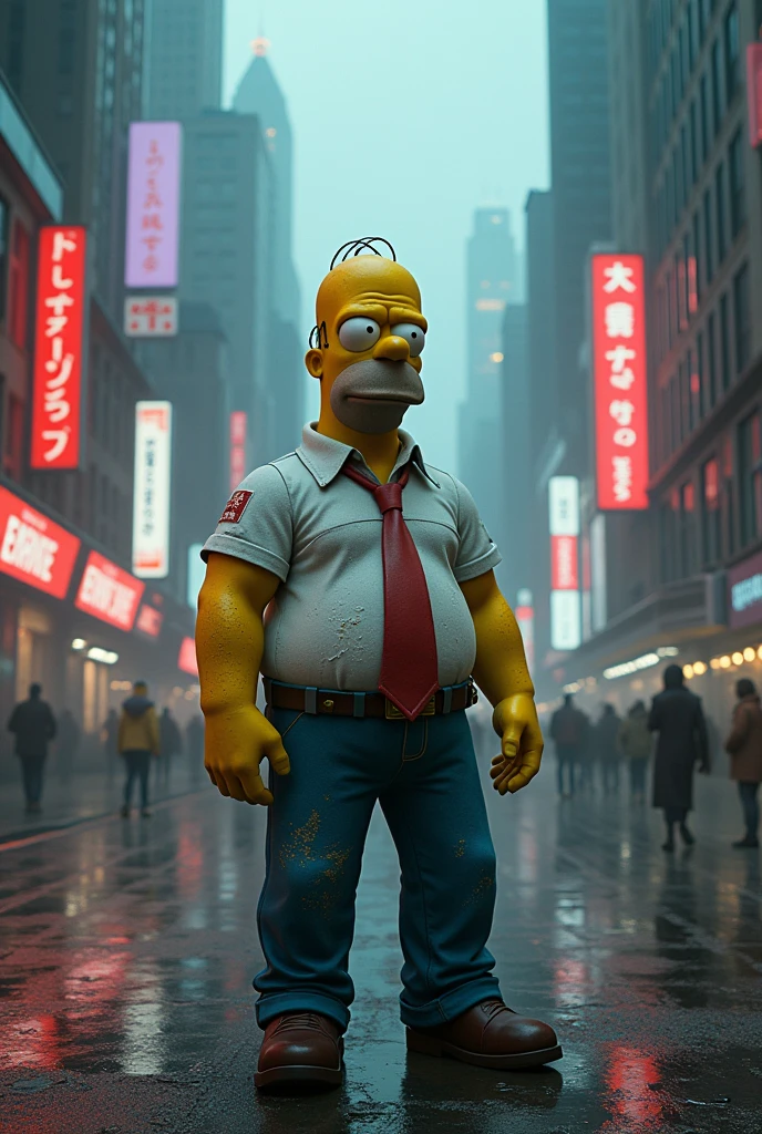 homer simpsons in cyberpunk 2077 style, realistic photo. as a human being. close to reality