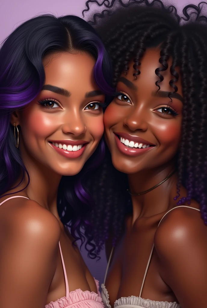 A 2 woman, ultra realisitic, Dark skin color, black hair with purple, light brown eyes and smiling