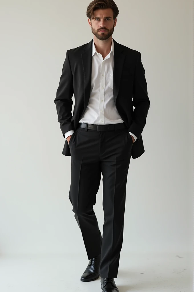 Man in a suit, the whole figure including legs, one hand in the pocket the other loosely hanging down , brunet