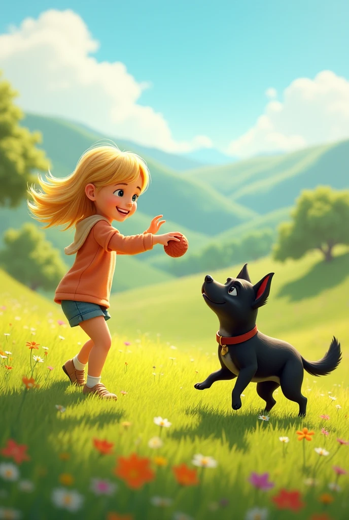 Gwen blonde and white girl and Burrito black dog are playing in a sunny meadow. Gwen throws a ball then black dog Burrito happily runs after the ball.